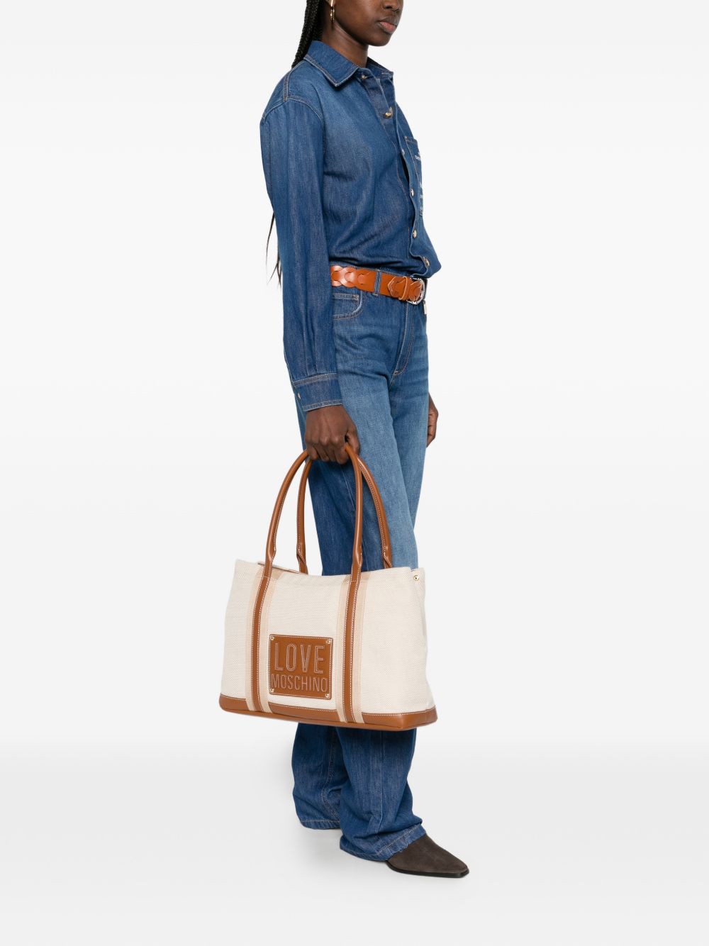 LOVE MOSCHINO Borsa shopping in cotone beige con logo impresso 