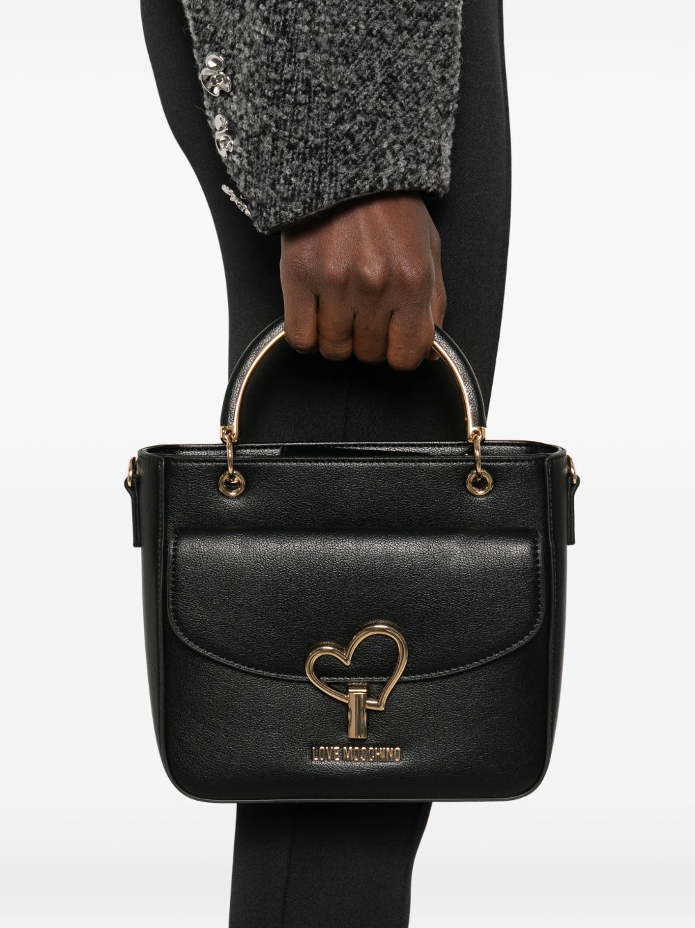 LOVE MOSCHINO Borsa a mano tote nera in ecopelle con tasca esterna 
