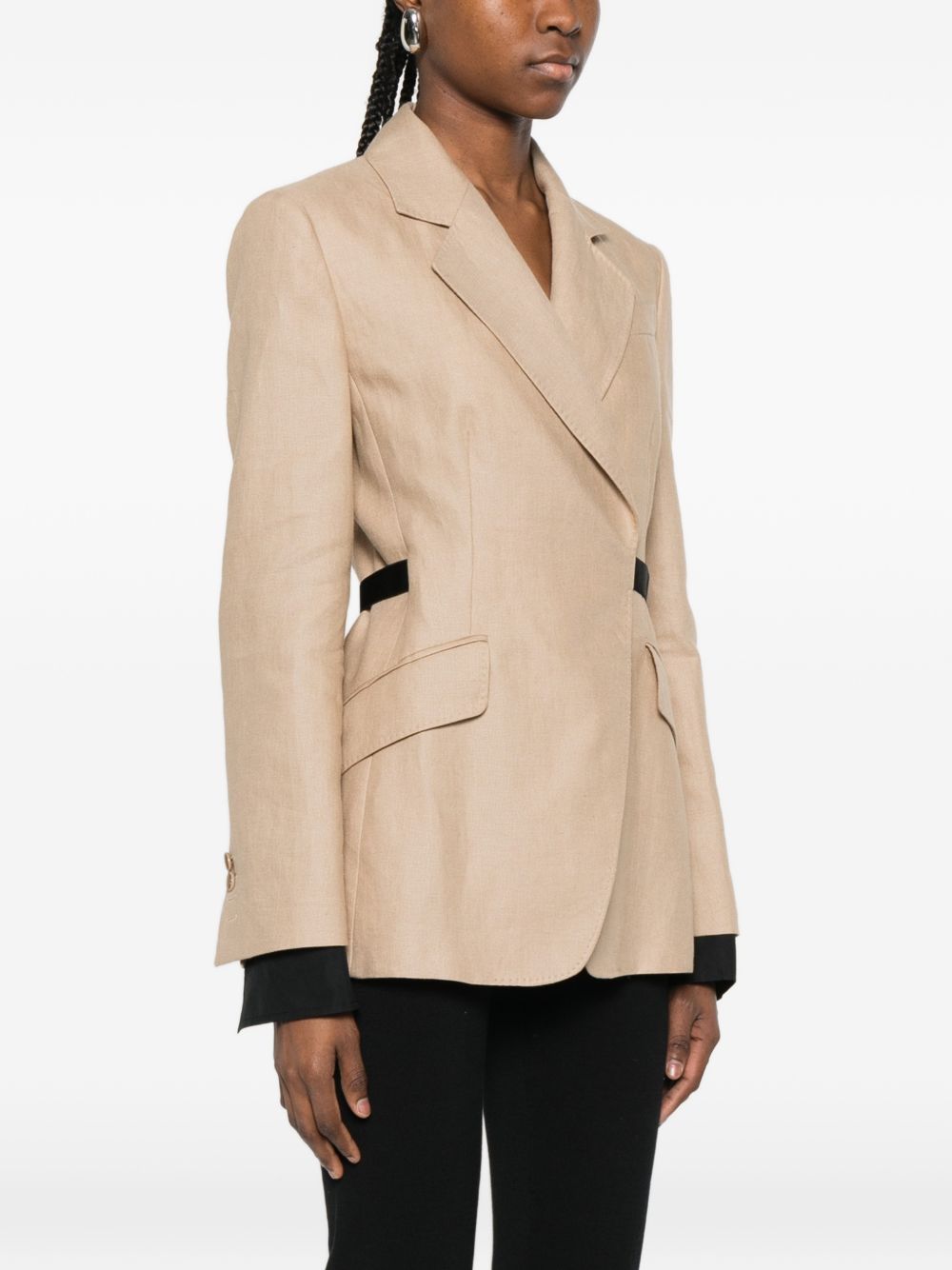 MAX MARA Blazer Sfionda in lino beige con cintura nera 