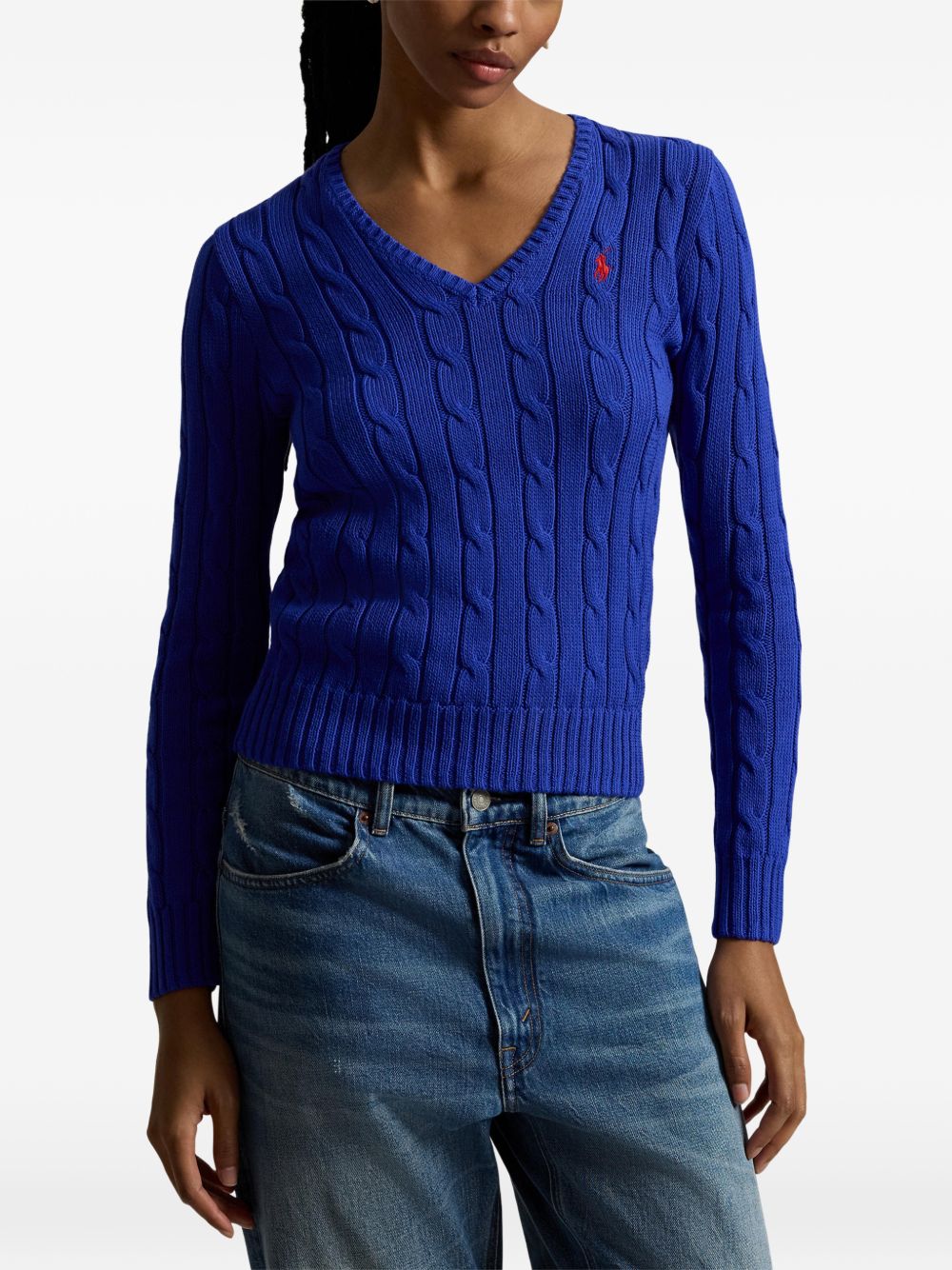 POLO RALPH LAUREN Maglia a trecce con scollo V in cotone blu 