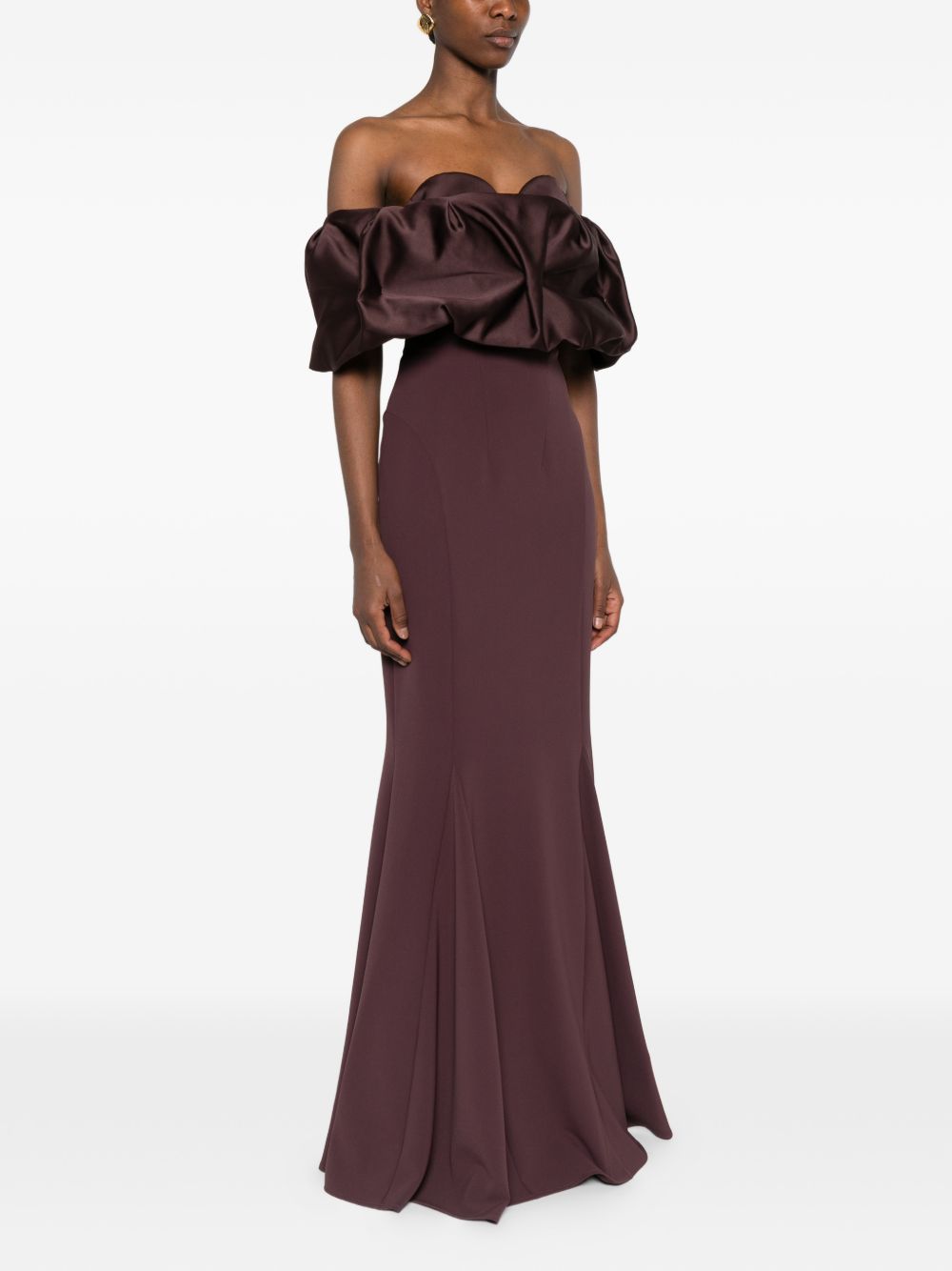 PRONOVIAS Abito lungo bordeaux scuro con spalle scoperte 