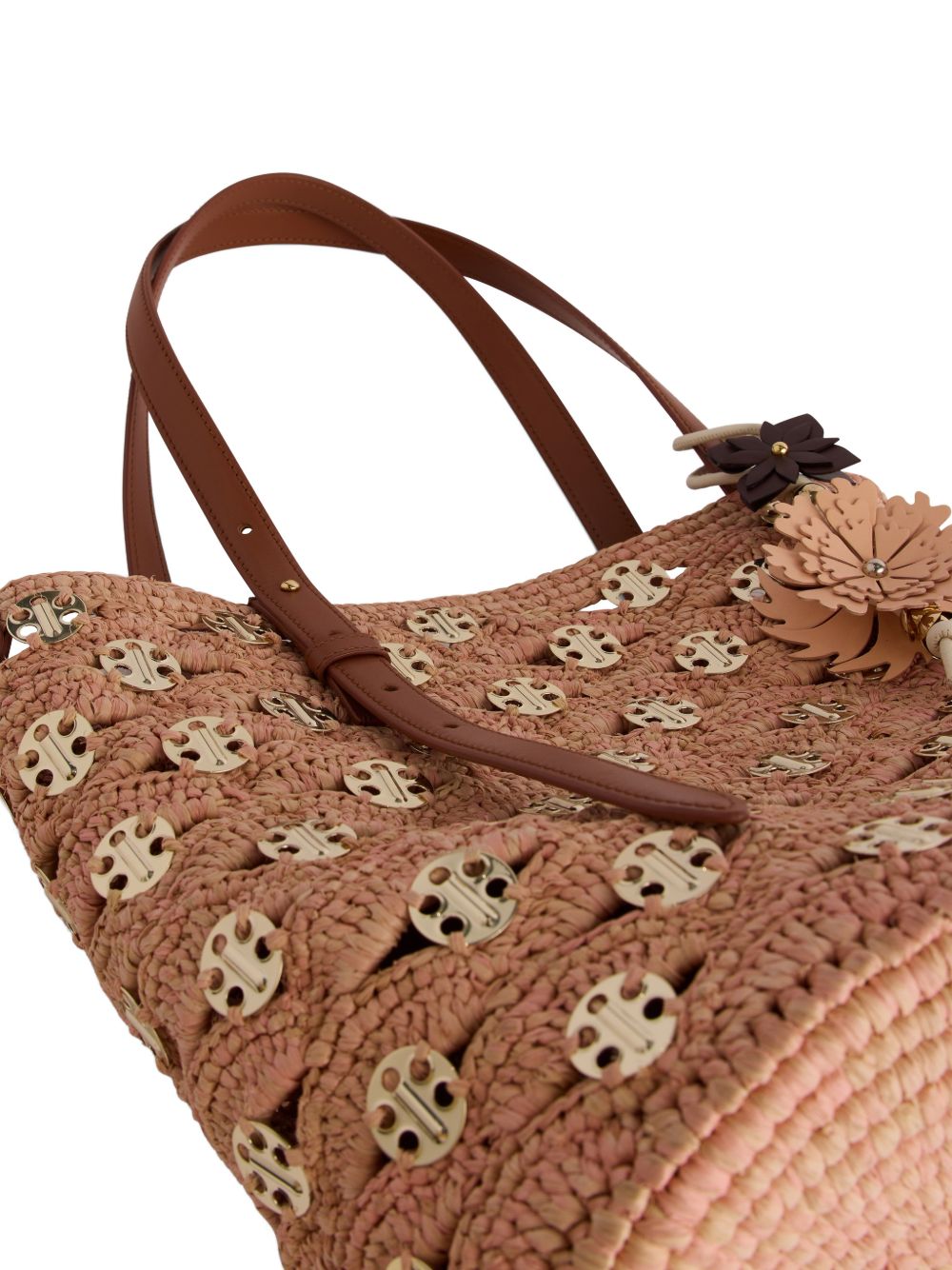 RABANNE Borsa Bucket grande in rafia beige e color pesca con dischi d'oro firmati 1969 