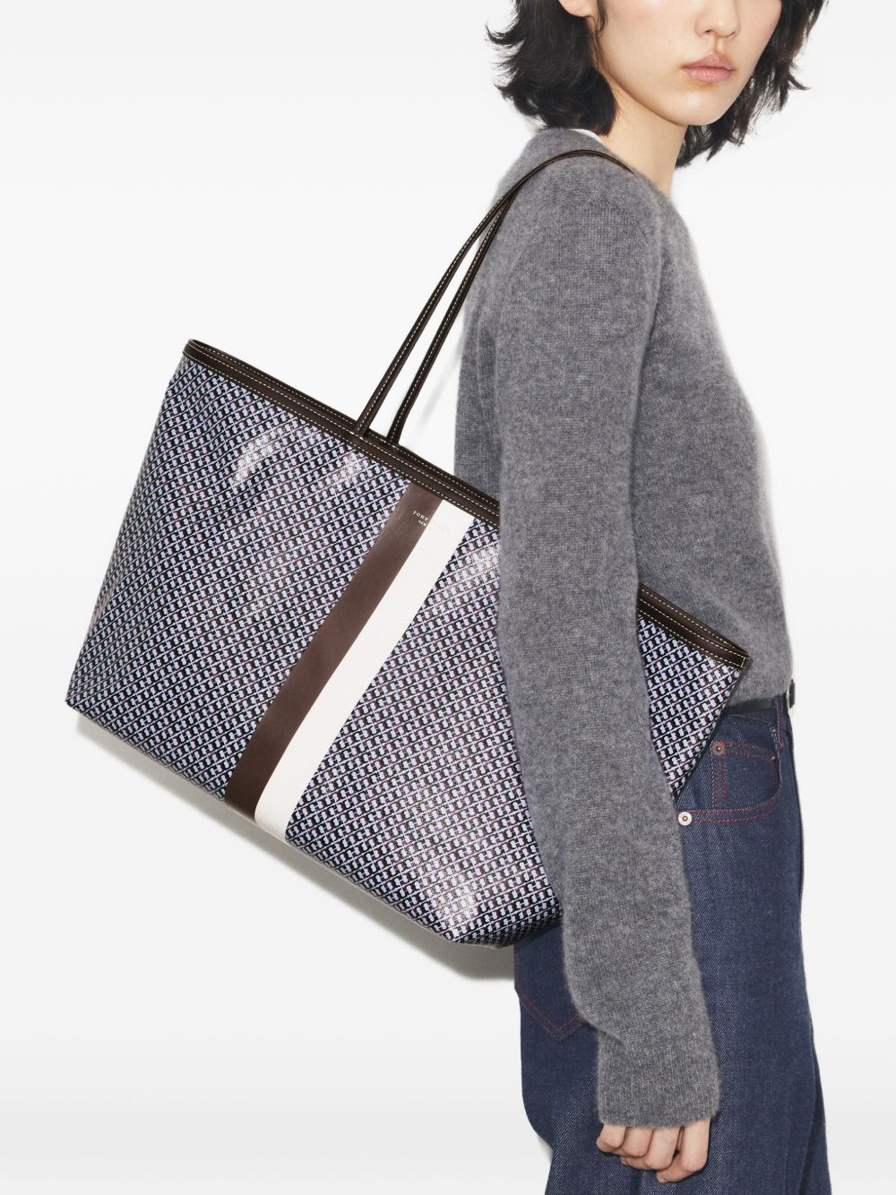 TORY BURCH Borsa shopping in cotone misto lino con monogram 