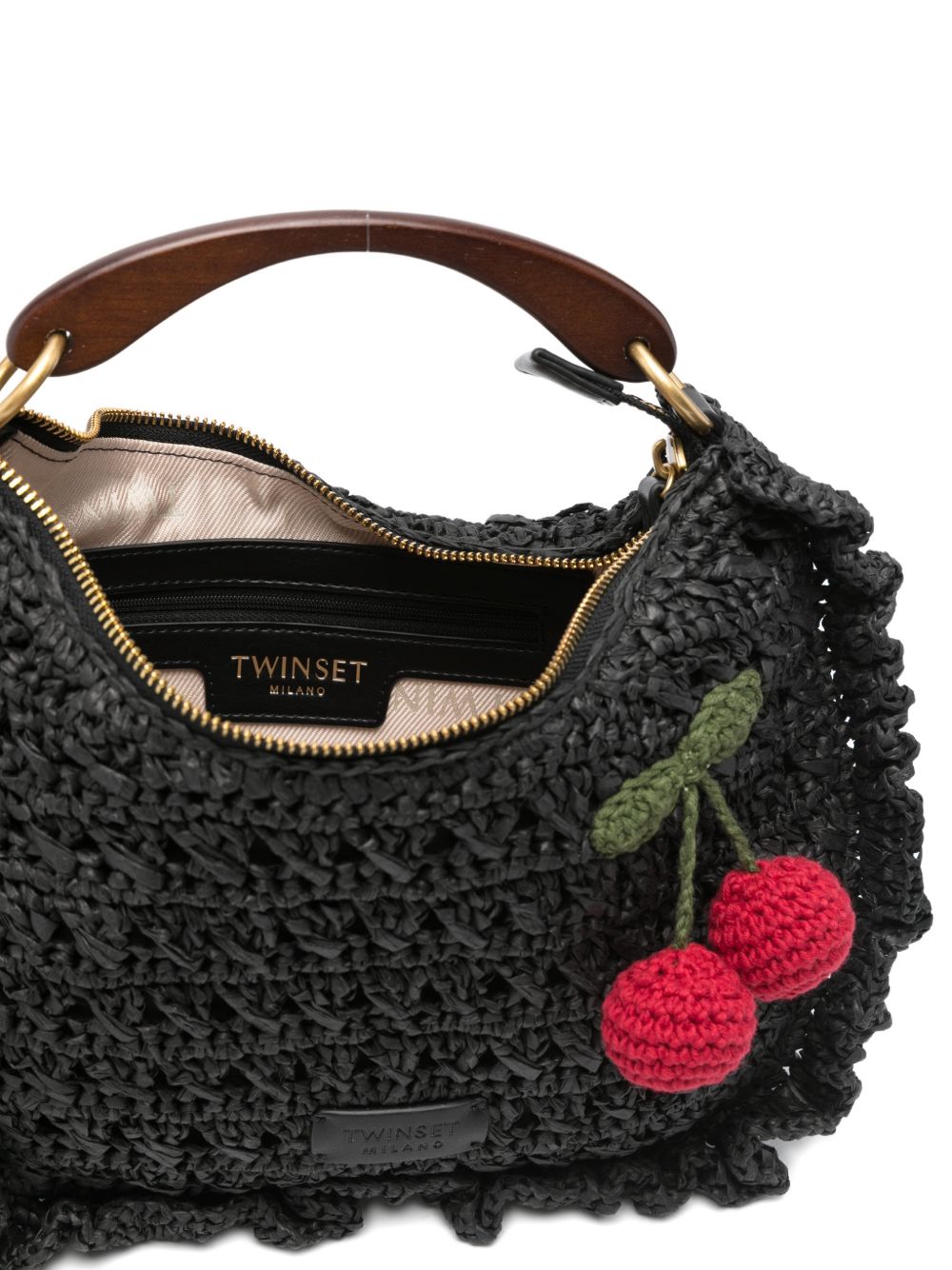 TWINSET Borsa a mano in filato di carta nera con ruches e dettaglio ciliegie 