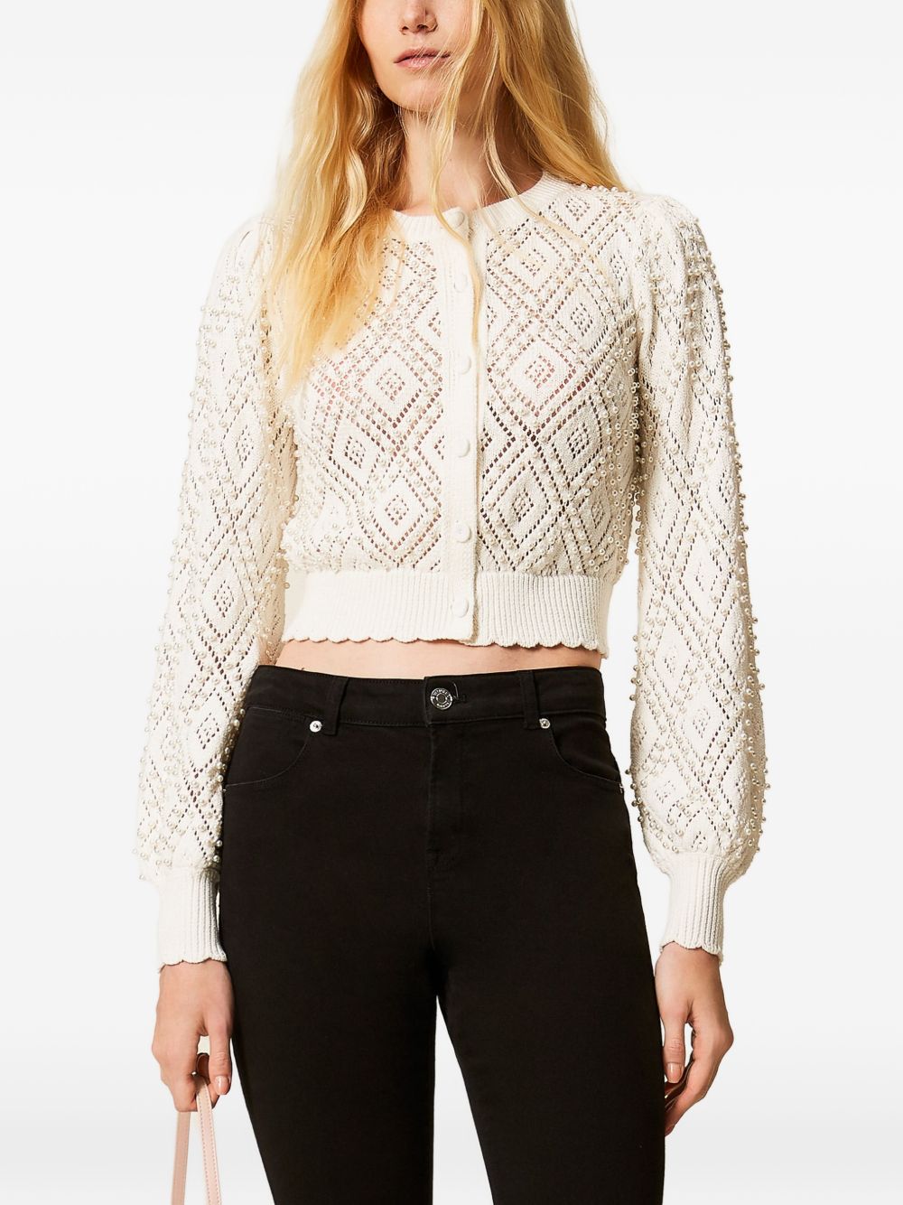 TWINSET Cardigan avorio in cotone lavorato 