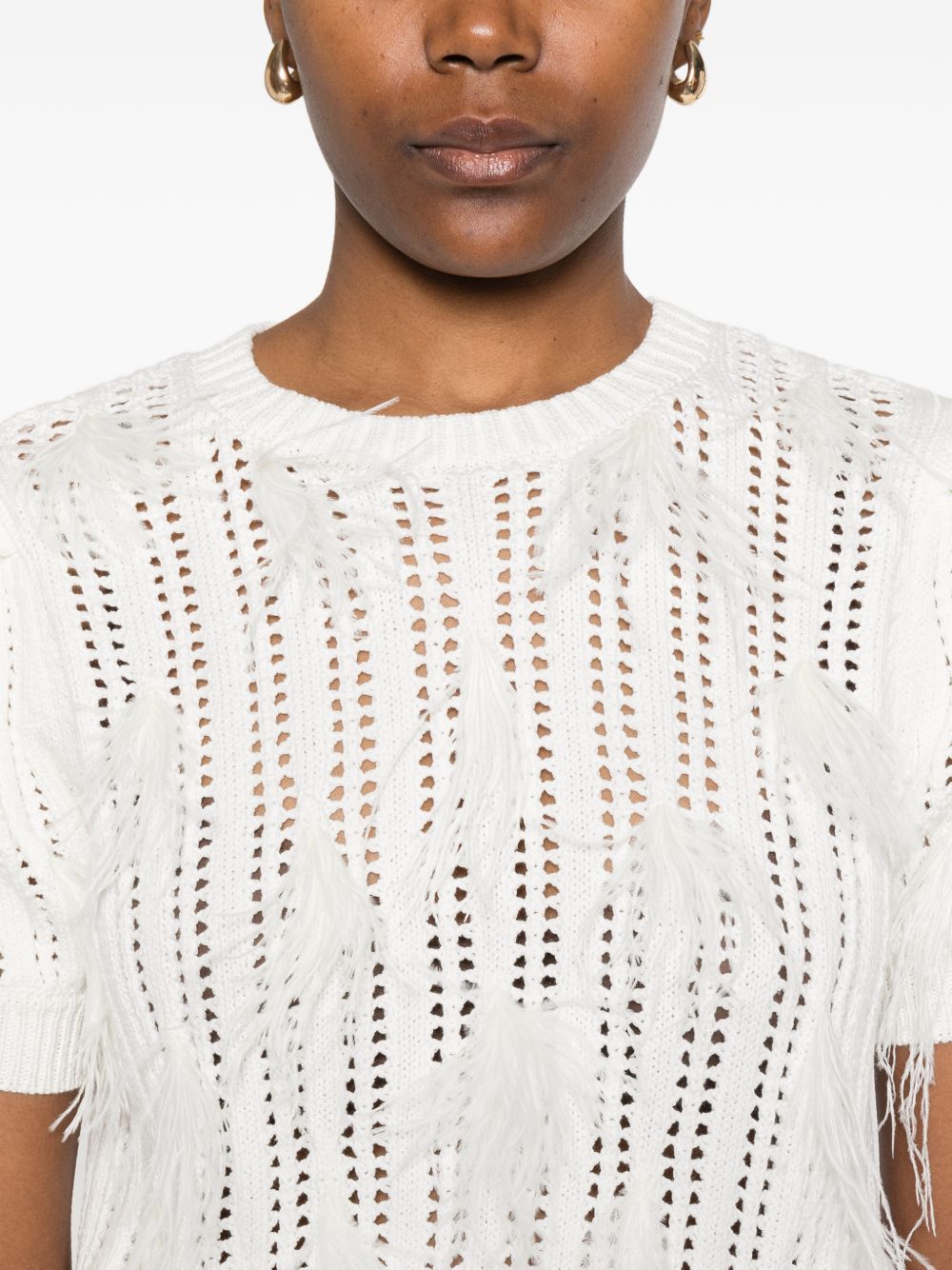 TWINSET Maglia traforata bianca con dettagli in piume 