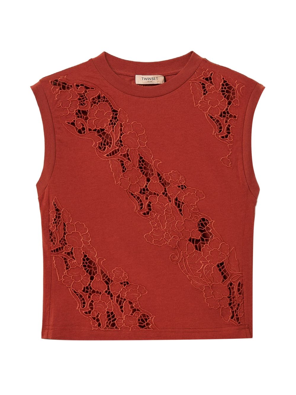 TWINSET T-shirt senza maniche in cotone con ricamo di pizzo 