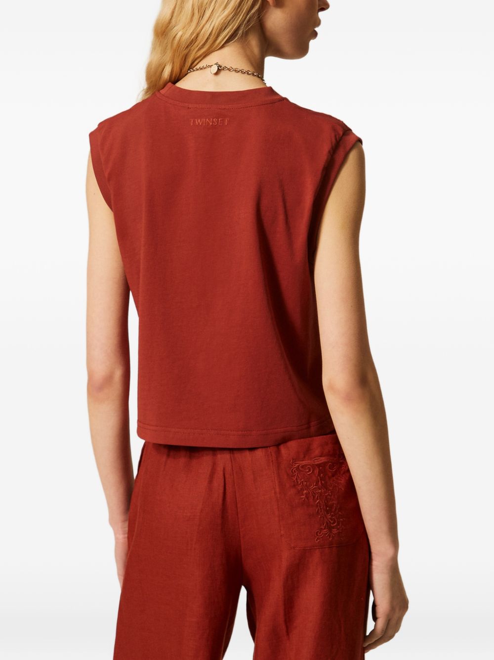 TWINSET T-shirt senza maniche in cotone con ricamo di pizzo 