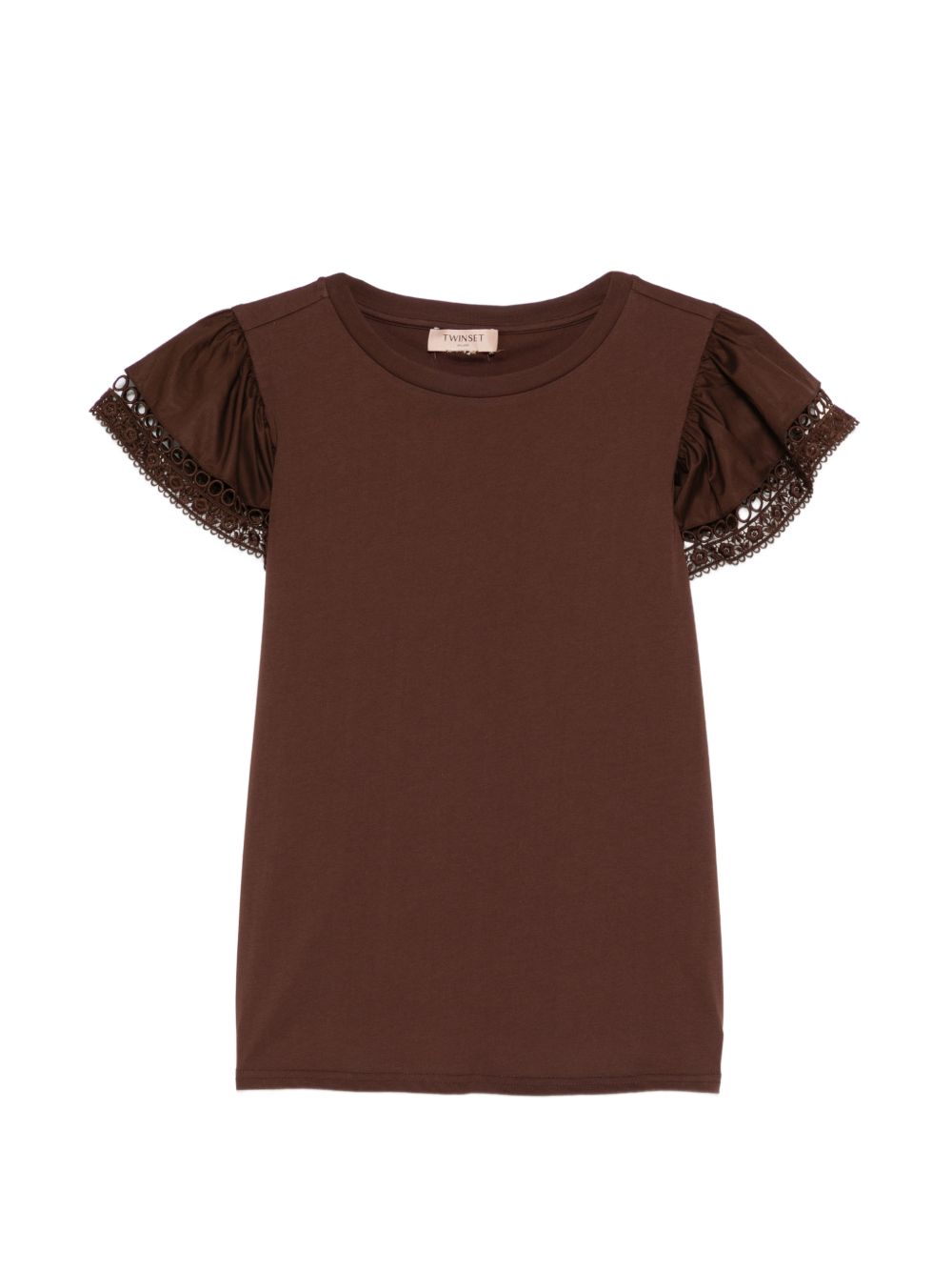 TWINSET T-shirt in cotone marrone con maniche a volant 