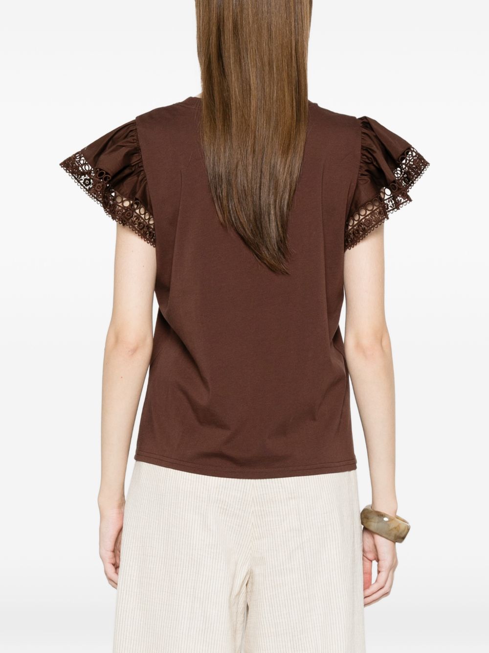 TWINSET T-shirt in cotone marrone con maniche a volant 