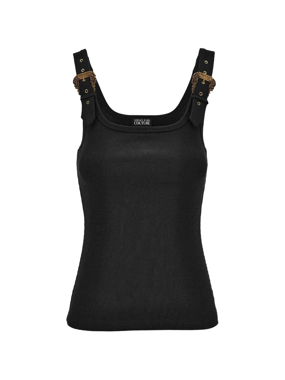 VERSACE JEANS COUTURE Top in cotone nero con fibbie oro 