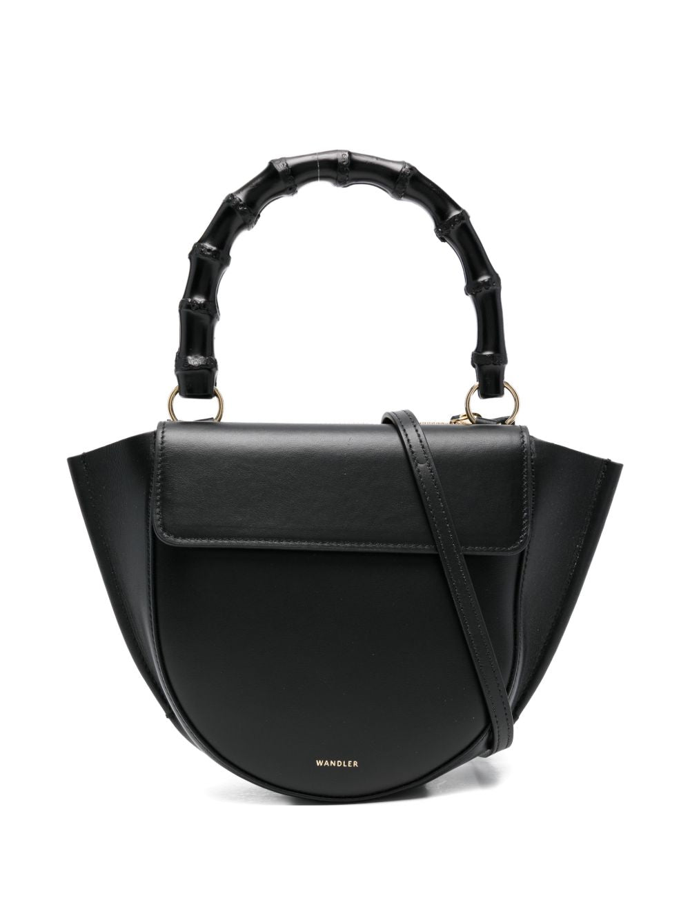 WANDLER Borsa a mano mini Hortansia nera con manico bamboo 