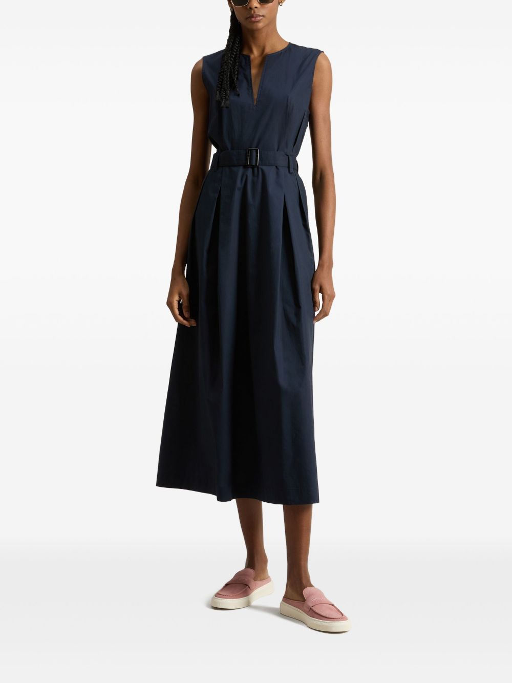 WOOLRICH Abito midi in cotone con scollo a V e cintura 