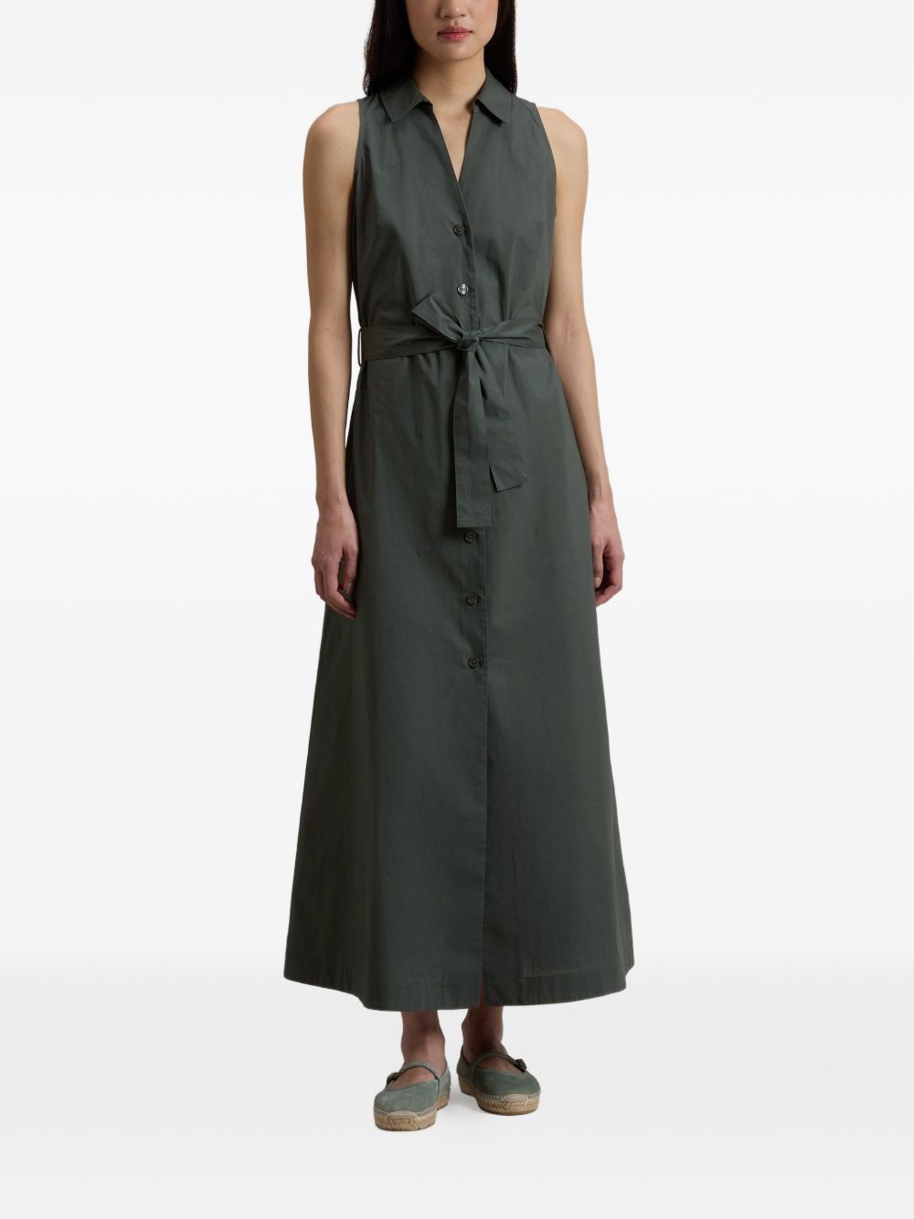 WOOLRICH Abito midi in cotone con scollo a V e cintura 
